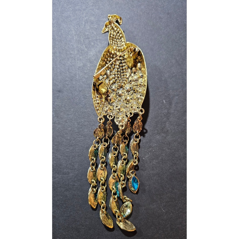 LARGE Tassel Peacock Brooch Women Multi Color Rhinestone Tassel Dangle - Picture 6 of 8